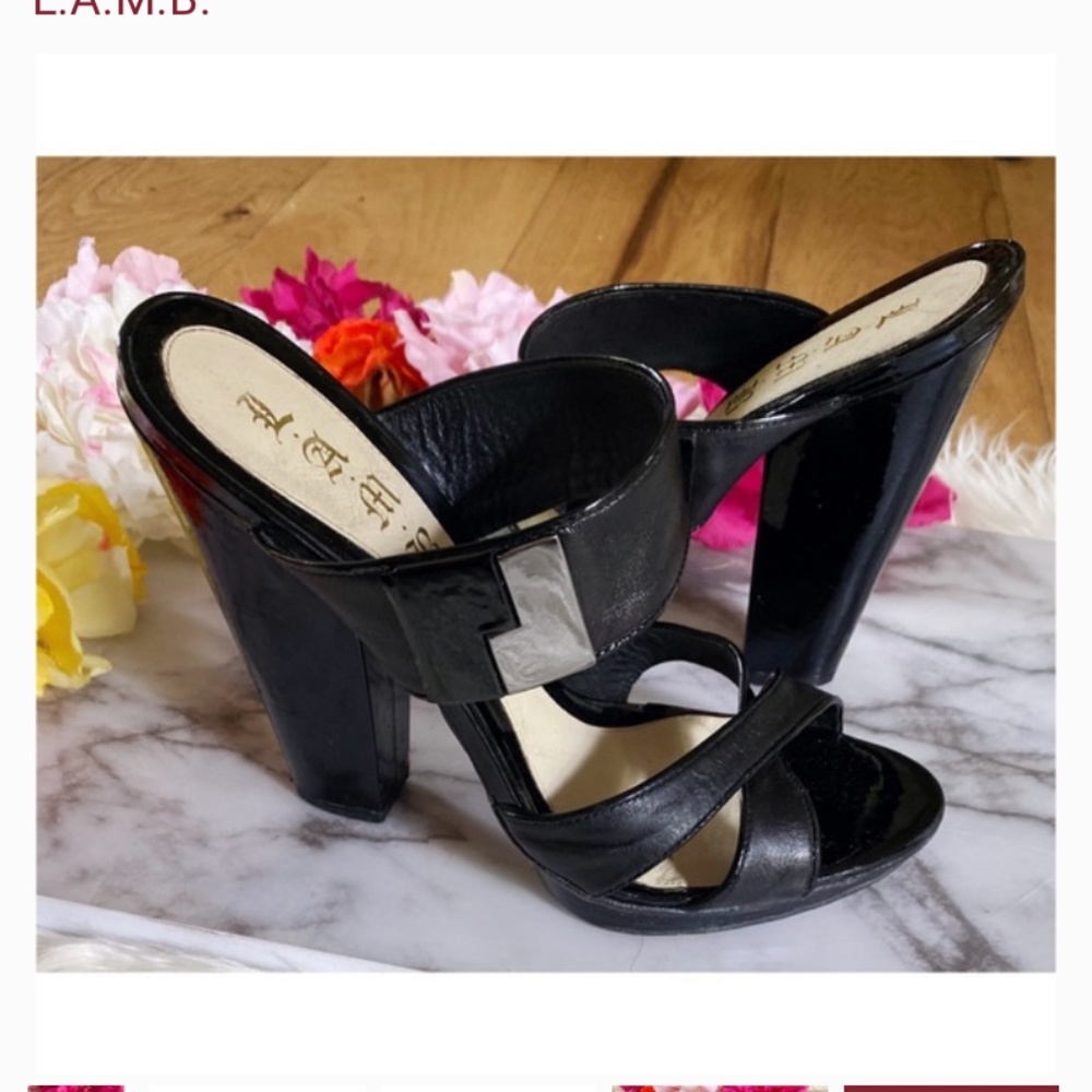 L.A.M.B. Sandra  Black Leather Strappy Mules Heels